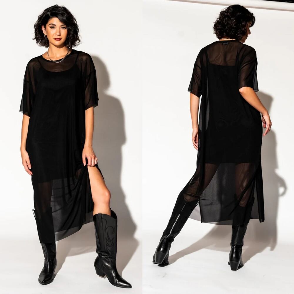 NWT Dressed in LALA Karma Oversized Mesh Dress + Slip Black Large - Picture 13 of 13